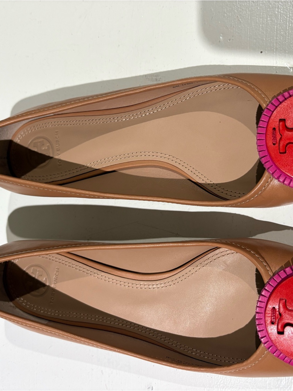 Tory Burch Tan Leather Flats with Pink & Red Logo Medallions